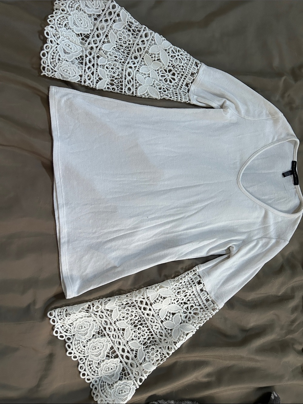 White House Black Market White V-Neck Top with Lace Bell Sleeves